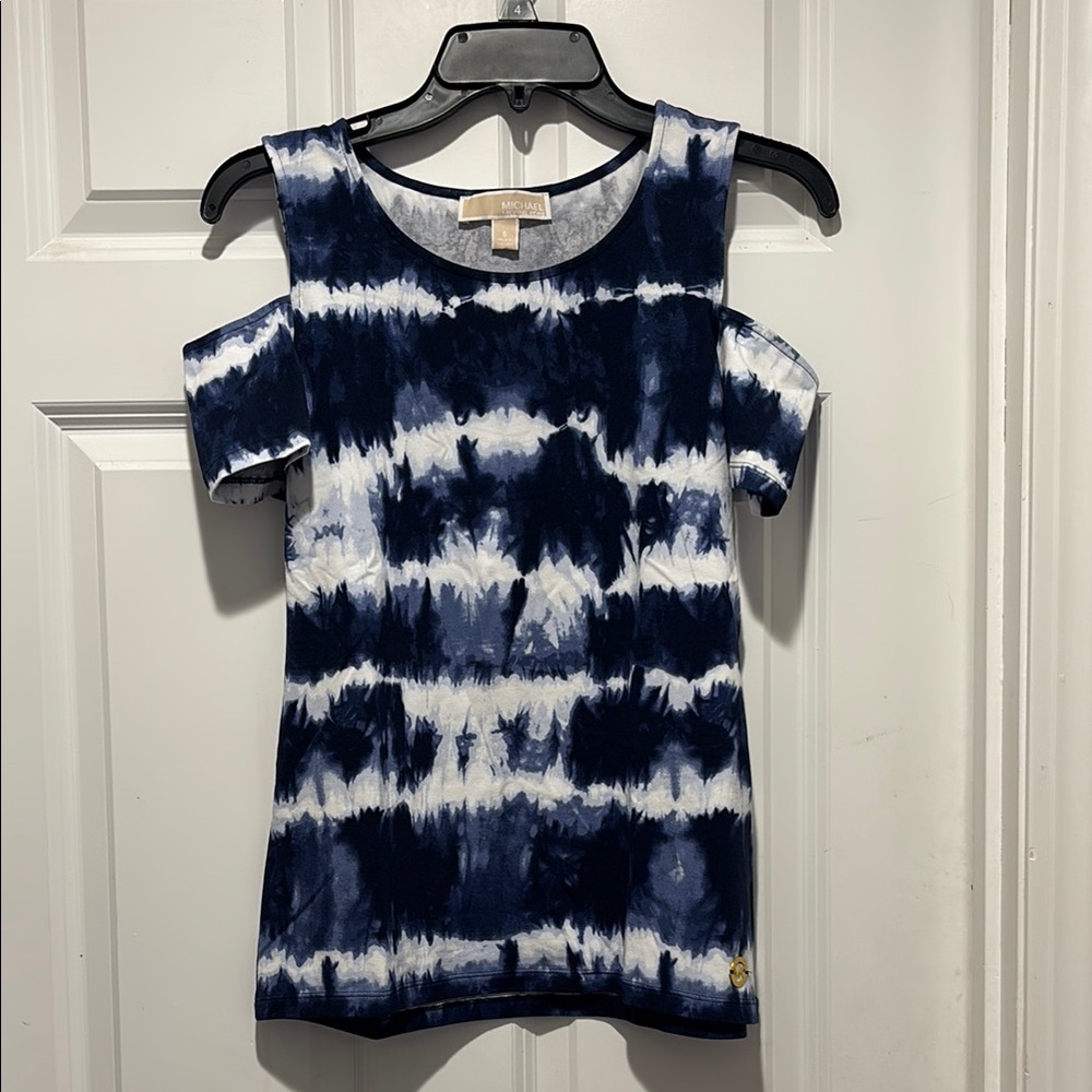 Michael Kors Navy Tie-Dye Cold Shoulder Top
